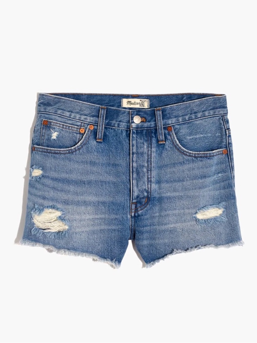 Madewell Relaxed Denim Shorts Medium Wash Distressed Raw Hem High Rise Size 28